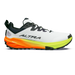 A white Altra trail running shoe with a black and gray upper, a bright orange and yellow midsole, and a black outsole, shown from a side profile on a white background.